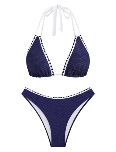 Image of ZAFUL Women Halter Dual Straps Whip Stitch Floral Triangle Bikini Swimsuits