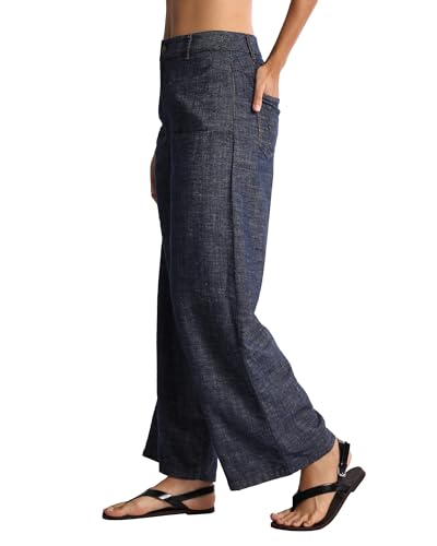 Women's Linen Blend Jeans Low Rise Wide Leg Vintage Denim Pants with Pockets2