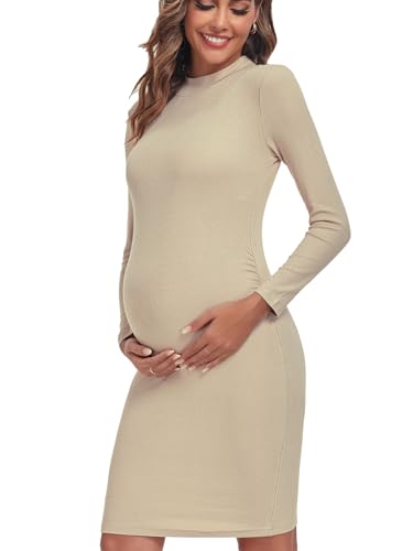 Liu & Qu Women's Maternity Dress Mock Neck Ribbed Knitted Slim Bodycon Dress with Side Ruched Maternity Sweater Dresses, Oatmeal, X-Large