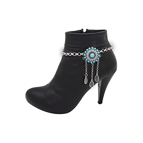 Women Western Fashion Jewelry Boot Bracelet Silver Metal Chain Shoe Anklet Turquoise Blue Beads Flower Cover