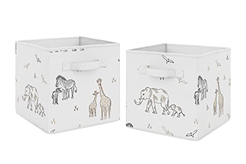 Image of Sweet Jojo Designs Jungle Safari Animals Foldable Fabric Storage Cube Bins Boxes Organizer Toys Baby Taupe Black and White Gender Neutral Elephant Giraffe Wildlife Adventure Zebra Serengeti - Set of 2