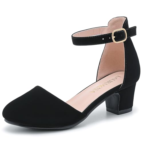 LAURMOSA Black Dress Shoes for Girls Chunky Block Heels for Little Big Kids Princess Flower Girl Shoes for Wedding Party Closed Round Toe Pumps with Ankle Strap(L1012 Black 3)