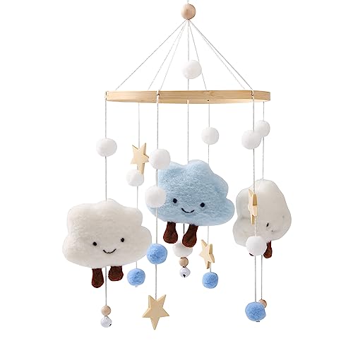 Image of Baby Mobile for Crib, Crib Nursery Mobile for Boys Girls, Boho Cloud Star Nursery Decor Soothe Toy Baby Shower Set for Infant Bedroom Hanging Decoration Toy