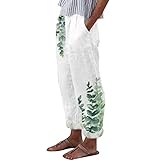 Leinenhose Damen Sommer Lang Leichte Freizeithose Loose Fit Sommer Haremshose Bequem Stoffhose mit Tasche Frauen Lässige Bedruckt Sommerhose Atmungsaktiv Strandhose 7/8 Lang Weites Bein Hosen