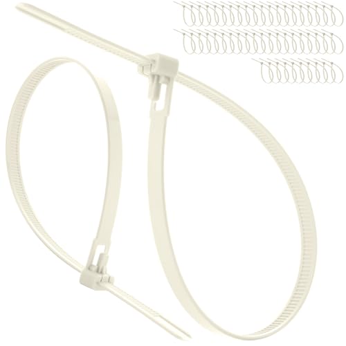 Image of On1shelf Releasable Cable Ties 7.2mm x 200mm Natural, 50 Pack Heavy Duty Reusable Zip Ties, Adjustable Removable Nylon PA66 Tie Wraps for Wiring, Garage, Garden & Cable Management