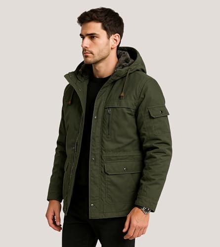 Image of L'MONTE Men's Imported Heavy-Duty Winter Jacket - 100% Cotton Coat with Fleece Lining, Detachable Hood & Multiple Pockets - Windproof, Warm, Stylish for Outdoor & Casual Winter Wear