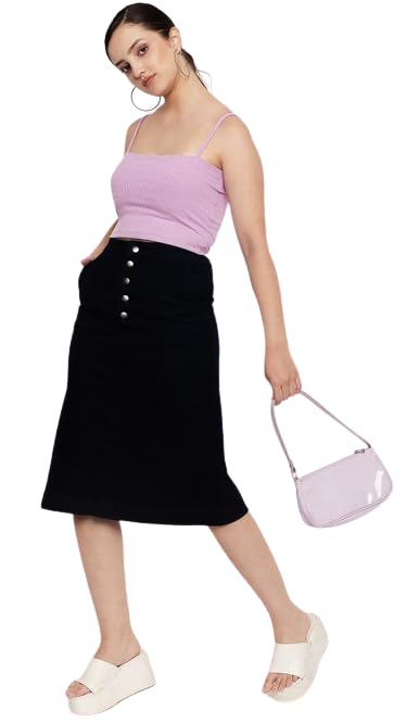tripursundari fashion Z Black Side Pocket Buttoned A-Line Long Denim Woman Skirt-picture-37