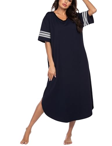 Image of Ekouaer Long Nightgown, Womens V Neck Loungewear Oversized Sleepwear Loose Sleep Dress S-4XL