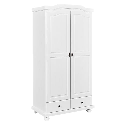 Inter Link - Armario rústico dormitorio 2 puertas - 2 cajones - 1 espacio para colgar y 5 nichos - pino macizo - barnizado blanco - 104 x 56 x 198 cm - Reutte