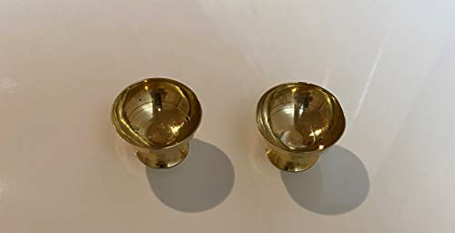 Family Cart Small Pure Brass Bowl Pyali Katori | Brass Roli Bowl | Chandan Katori With Base, Set Of 2 Pieces For Religious Spiritual Diwali Navratri Laxmi Poojan - (Curved Shinee Design Gold Color) #TOP1