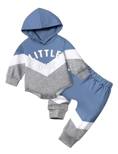 Image of AGAPENG Baby Boy Clothes Color Block Oversized Hoodie Sweatshirt Onesie Romper Long Pants Sweatsuit Fall Winter Outfits Set
