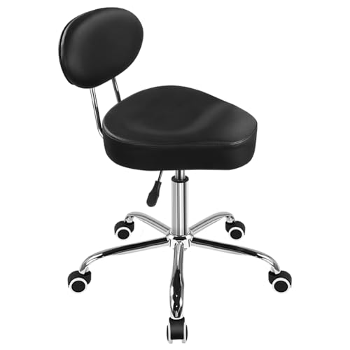 WKWKER Saddle Stool with Back Adjustable Drafting Chair Swivel Rolling Stool with Backrest PU Leather Saddle Chair for Office Lab Drafting Counter Salon Barber Shop Kitchen Front Desk (Black)