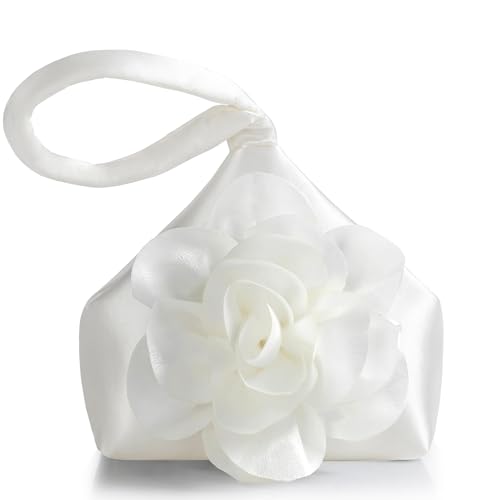 BABEYOND Pochette da donna – Borsa da sera in raso a forma di fiore, elegante borsetta da polso per feste, uso quotidiano e matrimonio, bianco