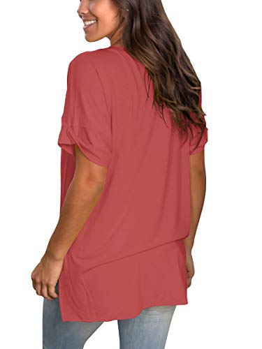 Image of Sampeel Women's V Neck T Shirts Casual Rolled Short Sleeve Side Split Summer Tops Loose Fit