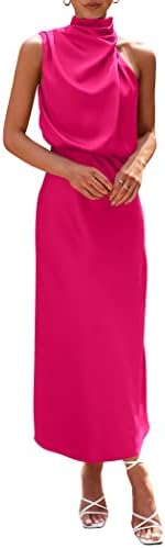 PRETTYGARDEN Women's 2023 Summer Satin Dress Elegant Sleeveless Mock Neck Cocktail Party Maxi Dresses (Rose Red,Small)
