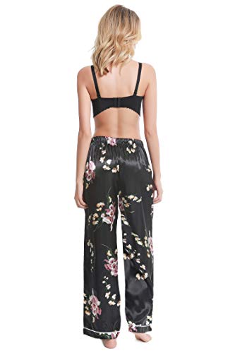 Lavenderi Women’s Silk Satin Pajama Pants, Long Sleep Pants With Drawstring (Black Aop, Large) #TOP3