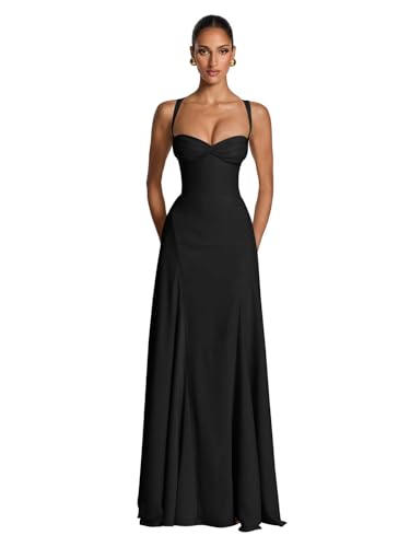 Daisory Sweetheart Neck Chiffon Bridesmaid Dresses for Women Long A Line Wedding Guest Gowns Spaghetti Straps Black Formal Prom Dress US6