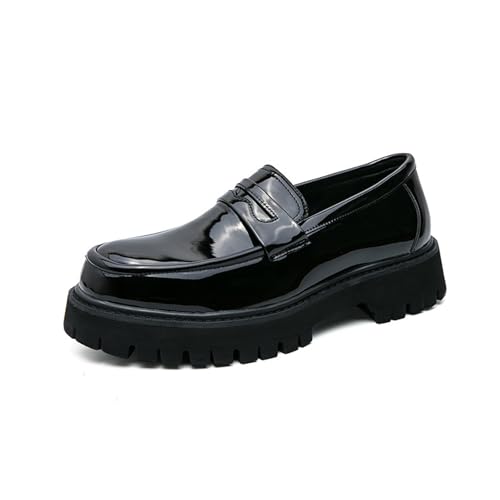 Men's Leather Platform Chunky Slip-On Penny Loafers Classic Round Toe Lug Sole Business Casual Formal Work Shoes for Men