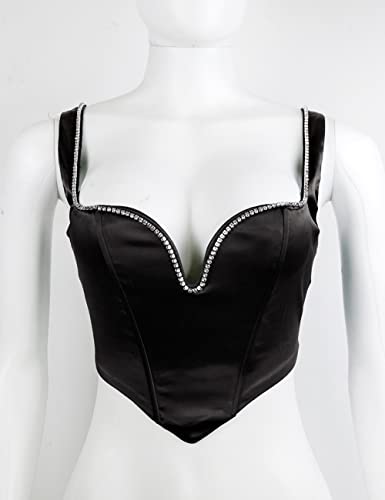 Joukavor Elegant Rhinestone Corset Top Sexy V Neck Diamond Push Up Satin Tank Bustier Crop Tops For Women (Black,Small) #TOP5