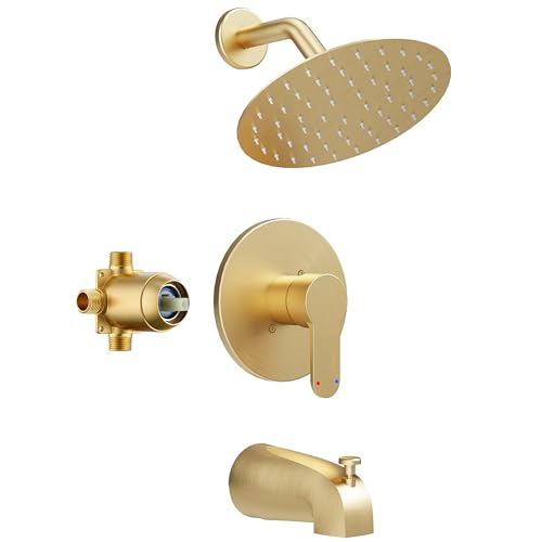 HomGoo Tub Shower Faucet Brushed Gold Shower Faucet Set with 6-Inch All-Metal Rainfall Showerhead and Bathtub Spout Single-Handle Tub Shower-Trim Kit Included Valve Brushed Gold