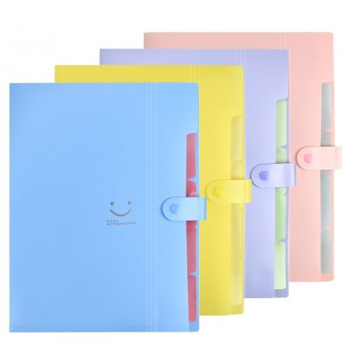 4 carpetas archivadoras A4, carpeta de documentos A4, organizador de archivos con etiquetas, 5 compartimentos, ampliable, portátil, carpeta de documentos para casa u oficina, 4 colores