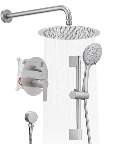 Sistema de ducha Fapully de pared con cabezal redondo de 10 pulgadas, conjunto completo con ducha de mano de 6 sprays y barra corrediza, incluye válvula y kit de recorte, acabado níquel cepillado miniatura 1