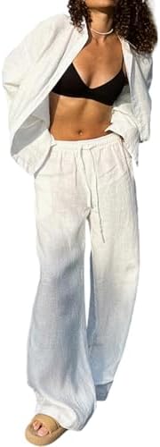 Famnbro Womens 2 Piece Linen Sets Long Sleeve Button Down Shirts ...