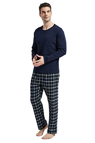amaxer Men's Pajama Set 100% Cotton Flannel Plaid Pants Crew Neck Top Long Sleeves Pjs Elastic High Waist Sleepwear3
