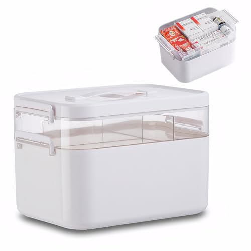 Medicine Storage Box,Lockable Plastic Medicine Box Medication Case,2-Layer Multi Grid First Aid Boxes,Portable Storage Organiser Large Medical Storage Boxes For Home,School,Office,Outdoor (M)