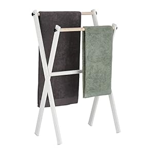 Relaxdays handdoekrek staand, inklapbaar, 2 stangen, H x B x D 88 x 56 x 33,5 cm, staal & hout, badkamer, wit/natuur