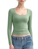 PUMIEY Women's Long Sleeve T Shirts Scoop Neck Slim Fit Going Out Tops Double Lined Basic Tee, Fern Large