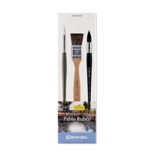 Image of Escoda | Watercolour | Artist Set Pablo Ruben | Size 12,14,14 | 3 Brushes | Synthetic White Toray + Tendo | Round Pointed + Round mop + mottler