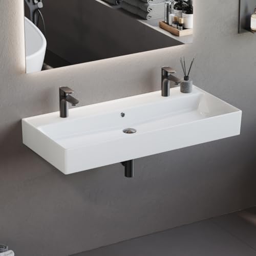 Aqua Bagno | Doppelwaschbecken Keramik, Doppelwaschtisch, eckiges Aufsatzwaschbecken, Handwaschbecken | 101 x 46 cm