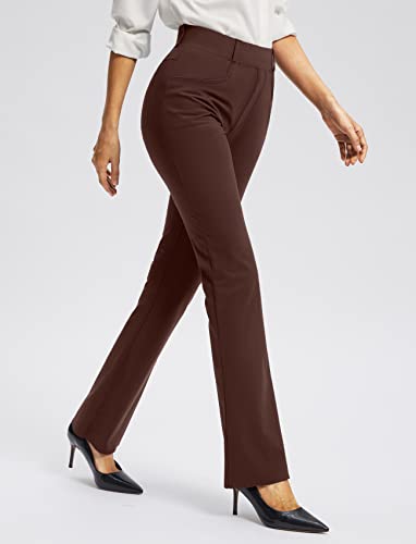 Rammus 28"/30"/32"/34" Womens Yoga Dress Pants With Pockets Stretch Work Pants For Women Bootcut Leg Slacks For Office Business Casual Brown #TOP1