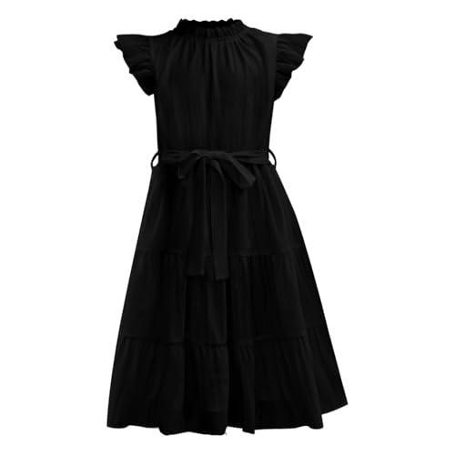 Teen Girls Swing Flowy Dress Ruffles Short Sleeve Midi Smocked Dresses Summer Casual Elegant Crew Neck Dress Clothes4