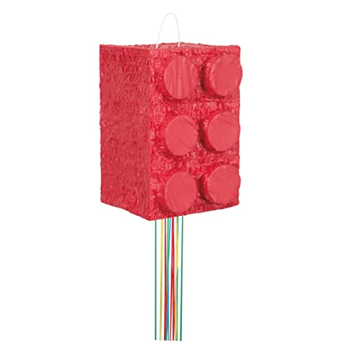 Vibrant Red Building Blocks 3D Pull String Pinata (25cm x 38cm) 1 Piece - Perfect Party Game & Decoration