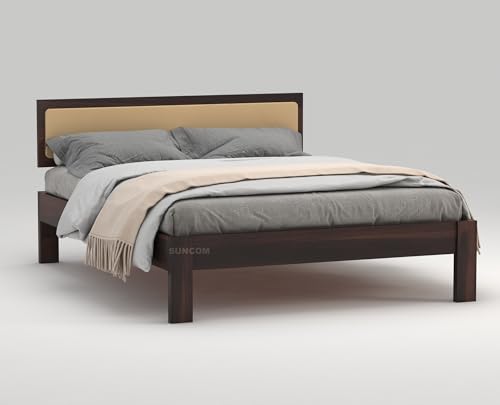 Image of SUNCOM Wooden Queen King Bed for Bedroom | Wooden Double Bed | Platform Cot Bed with Upholstered Cushioned Headboard | 6.5 x 6 Ft | Sheesham Solid Wood, Walnut Finish