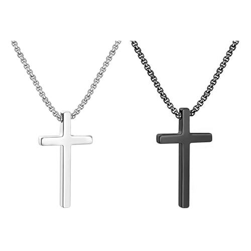 Tuoveyz Cross Necklace for Men, Silver Black Cross Stainless Steel Pendant Necklace, Mens Necklace 18, 20, 22, 24 Inch (2Pcs)
