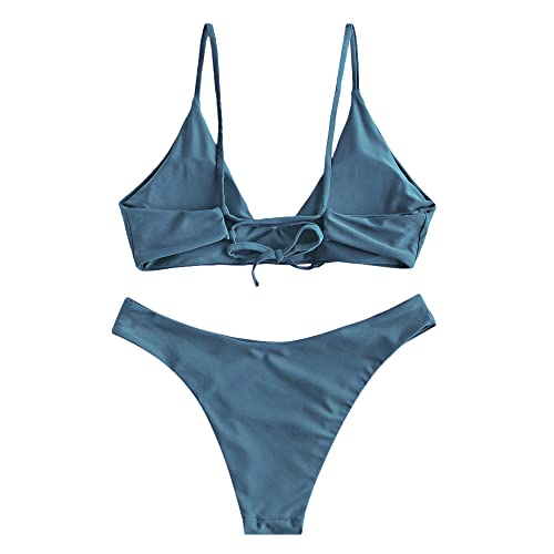 Image of ZAFUL Women's Tie Back Padded High Cut Bralette Bikini Set Two Piece Swimsuit