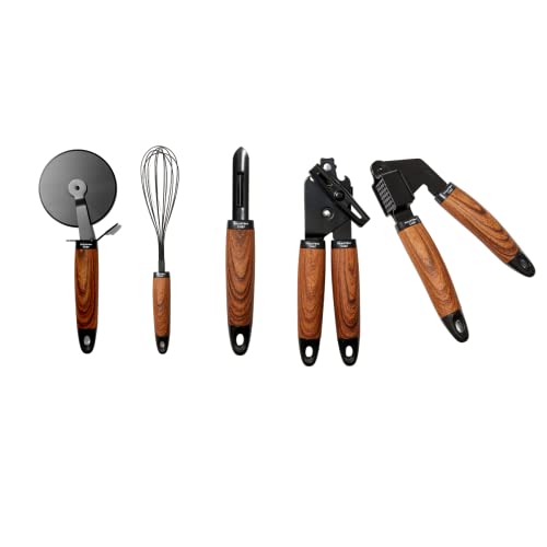 Phantom Chef 5 Piece Kitchen Gadget Set | Pizza Cutter, Egg Whisk, Vegetable Peeler, Can Opener, Garlic Press | Stainless Steel | With Soft Touch Faux Wood Handle | 5 Pcs Cooking Utensil Set (Black) #TOP7