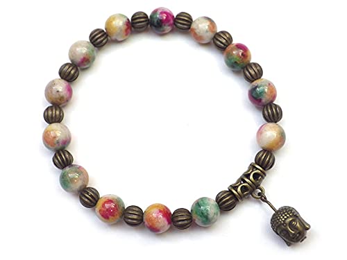 Bracciale donna tibetano vintage in perle di giada naturale colorate in verde, rosso e bianco con Charms a forma di testa di Buddha