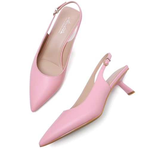 Image of Mostrin Kitten Heels for Women Pointed Toe Pumps Patent Leather Low Heel Slingback Heels with Buckle Dress Shoes for Dating Party Working