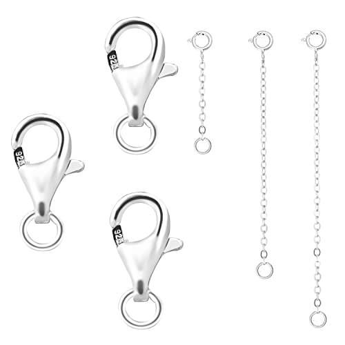 LUTER 3PCS 925 Sterling Silver Lobster Claw Clasps with 3PCS Detachable Necklace Extenders, Bracelet Connectors Lobster Clasp for DIY Bracelet Necklace Anklet Jewelry Making (Sliver)