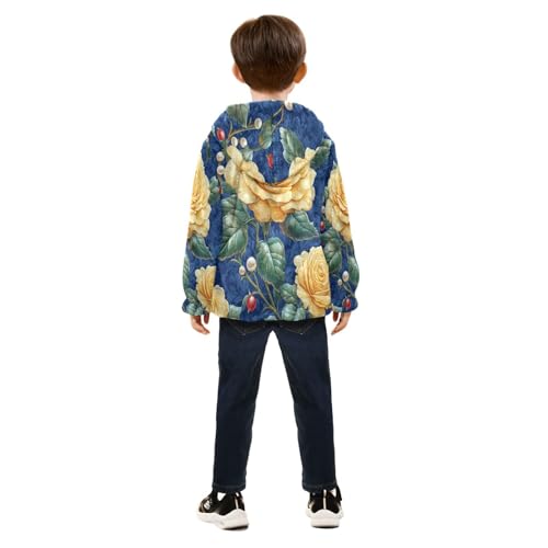 Golden Roses on Blue Toddler Fleece Jacket Girl Boys Hooded Fleece Jacket Coat Warm Outwear Zip-up 3-10T4