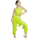 Falda Latina con Borlas para Niñas (Top + Pantalón) Trajes de Salón para Salsa Samba Baile de Salón Vestidos con Flecos para Práctica Ropa de Baile de Competición de Tango Y Samba para Niños Moderna