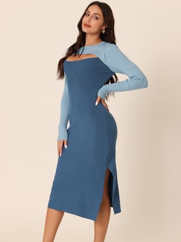 Image of Seta T Women's Long Sleeve Crew Neck Stretch Slim Cutout Color Block Ribbed Knit Bodycon Midi Sweater Dress