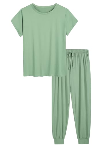 Image of Joyaria Women's Bamboo Viscose Cooling Pajamas Short Sleeve Crewneck Top & Jogger Pajama Pants with Pocket S-XXL