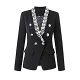 Hcclijo Estilo Diseño Diamantes Cuello Ajuste Elegante Calidad Negro High Street All-Mtach Bodycon Blazer Black L