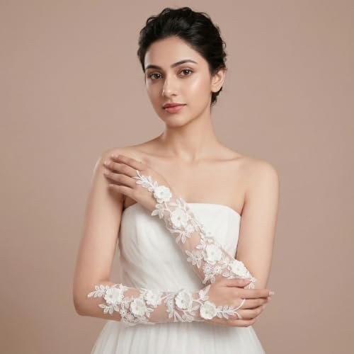 Image of PATPAT Bridal Wedding White Gloves for Women with Pearl, Elegant Lace Gloves for Women Princess Glove for Bride, Cosplay & Formal Events Banquet Stage Performance Accessories