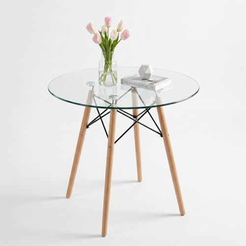 HOMEMAKE FURNITURE Mesa Comedor Redonda, Tabla de Cristal para Antecomedor, Estilo Eames Redonda, Desayunador para 2-4 Personas, para Hogar y Trabajo en Oficina (Cristal+Base Natural)